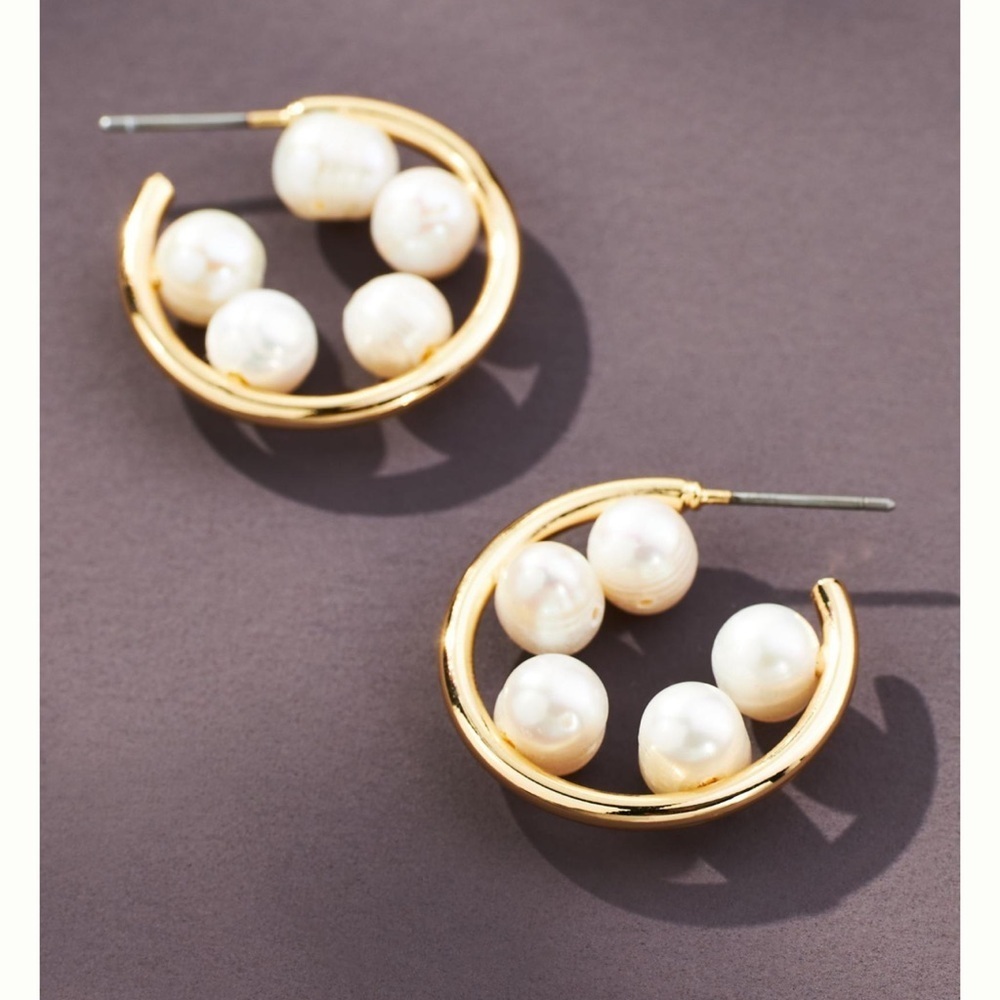 Anthropologie Gold Pearl Hoop Earrings 14K Gold Plated Statement Jewelry